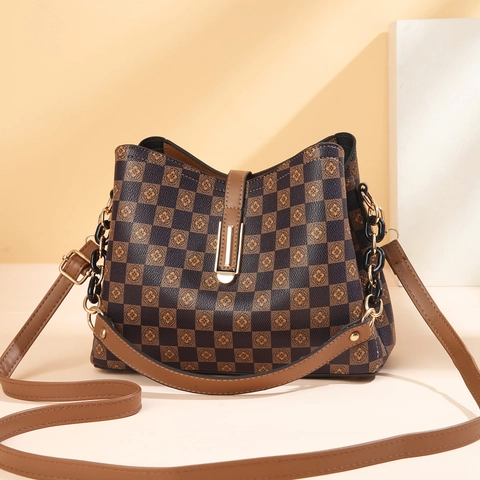 Vintage Checkerboard Bucket Bag For Women PU Leather Large Capacity Floral Print Crossbody Bag With Chain Decor Shoulder Bag