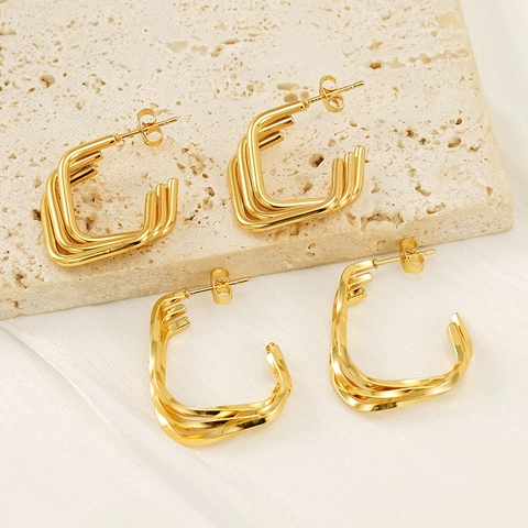 Geometric Hoop Earrings 18K Gold Plated Stainless Steel Minimalist Twisted Square Studs For Women Fashion