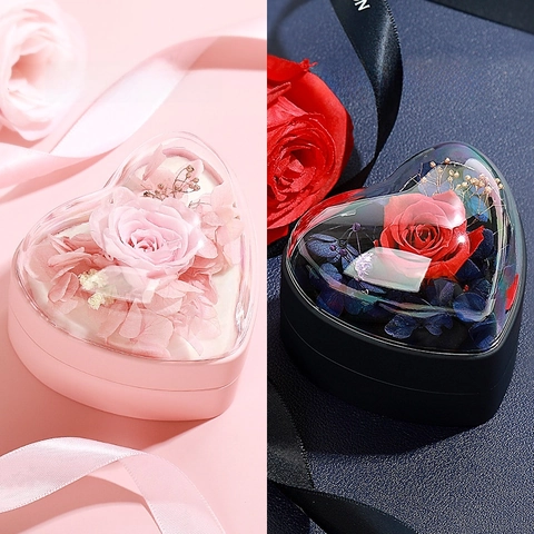 Boîte à Bijoux Romantique en Forme de Cœur avec Fleur Éternelle Couvercle en Acrylique Intérieur en Velours Étui Cadeau pour la Saint-Valentin Demande en Mariage