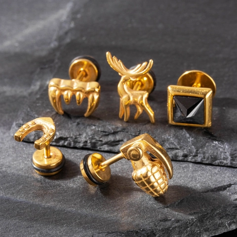 Stud Earrings Stainless Steel Geometric Reindeer Tooth Horseshoe Square Gemstone Punk Vintage Piercing Jewelry Men