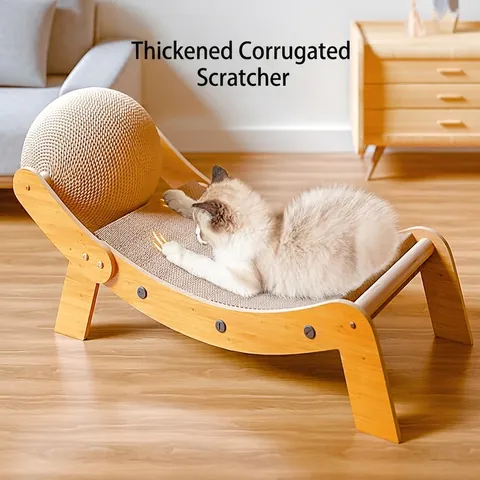 Cat Scratcher Lounge Bed Wood Frame Corrugated Paper Sisal Ball Scratching Board For Indoor Cats Durable Modern Furniture