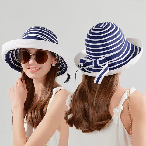 Gestreepte Strooien Zonnehoed Dames Brede Rand Zomer Strand Vissershoed Ademend UV Bescherming Elegant Strik Vouwbaar
