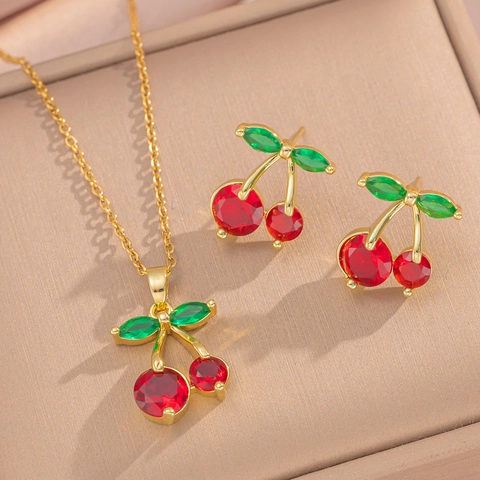Cherry Necklace And Stud Earrings Titanium Steel Golden Red Green Gemstone Fashion Sweet Women Gift