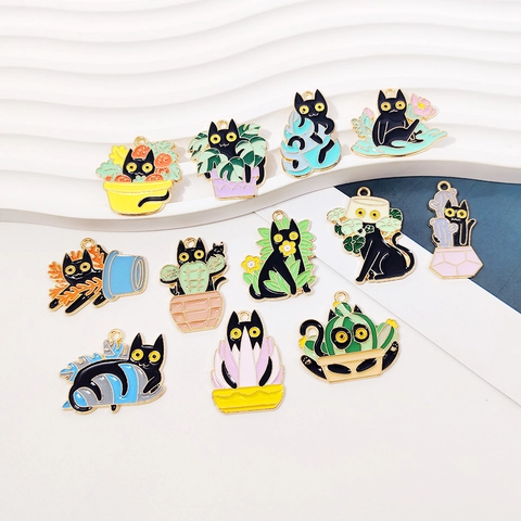 Kawaii Black Cat Charms Alloy Enamel Potted Plant Cactus Pendants For DIY Bracelet Necklace Jewelry Making Cute Animal