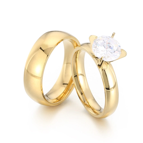 Stainless Steel Couple Ring Zirconia Solitaire Band Minimalist Polished Wedding Valentine Gift Jewelry For Men Women
