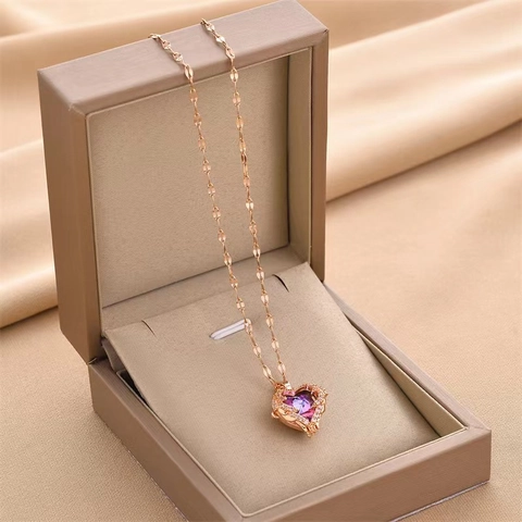 Collar Con Colgante Corazón Del Océano Acero Inoxidable Cobre Cristal Degradado Circón Ala Elegante Joyería Para Mujer