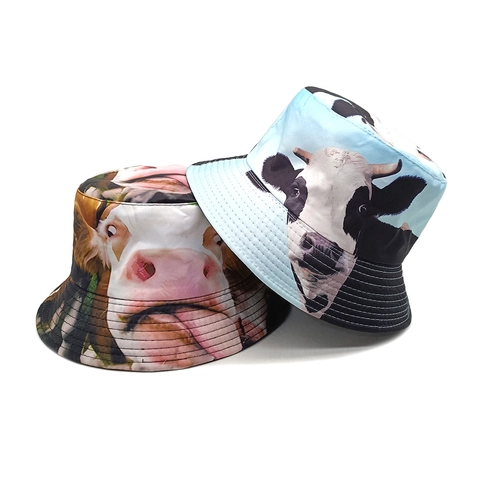 Creative Realistic Cow Print Bucket Hat For Men Women Outdoor Sun Protection Polyester Fisherman Hat Funny Animal Pattern Headwear