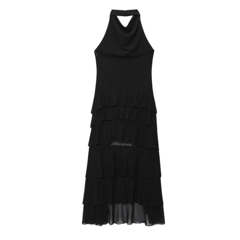 Vestito Midi Nero Allacciato Al Collo In Chiffon Con Volant A Strati Slim Schiena Scoperta Senza Maniche Party Estate Clubwear