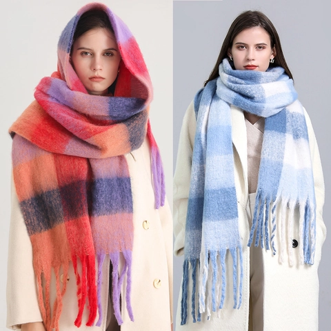 Damen Winter Schal Kaschmir-Imitat Schlingengarn Regenbogen Karo Dick Warm Schultertuch Mit Langen Fransen Patchwork