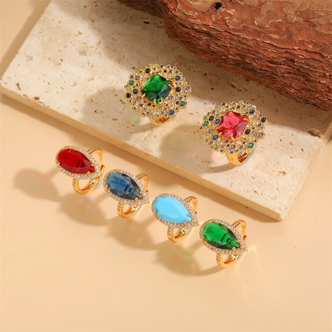 Vintage Palast Stil Geometrische Zirkonia Verstellbare Offene Ring Luxus Smaragd Rubin Birne Quadrat Edelstein Ring Damen Schmuck