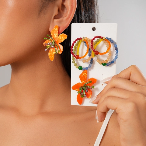 Oranje Bloemen Hars Oorbellen En Kleurrijke Glazen Kralen Hoops Met 925 Sterling Zilveren Oorbel Post Voor Dames