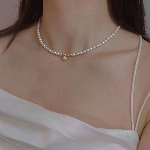Natural Freshwater Pearl Necklace Vintage French Style Elegant Choker Copper Gold Plated OT Buckle Jewelry For Women