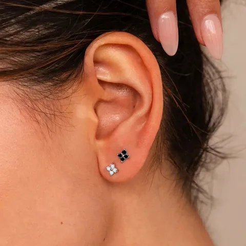 Orecchini a Bottone a Forma di Quadrifoglio in Acciaio Inossidabile per Donna Placcato in Oro 14K Argento Strass Nero Bianco Gioielli