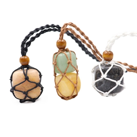 Hand Woven Necklace Cord Net Pouch Pendant Adjustable Retro Bohemian Style With Wood Beads For Crystal Stone