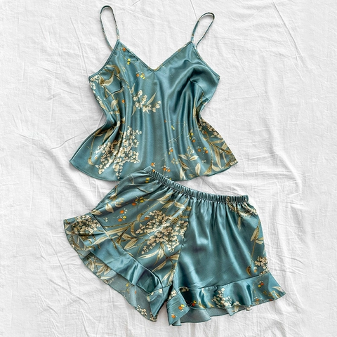 Conjunto De Pijama Para Mujer Satén De Satén Sintética Estampado Floral Camisola Con Cuello En V Y Pantalones Cortos Con Volantes