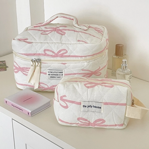 Borsa Trucco Trapuntata Motivo Fiocco Rosa Beauty Case Portatile Grande Capacità Organizer Da Viaggio Dolce