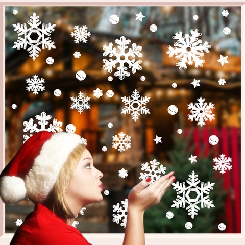 Christmas Window Clings Snowflake Stickers White Static PVC Glass Decals Stars Winter Holiday Party Decor No Glue