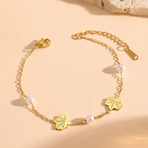 Ensemble De Bijoux Künstliche Perles Feuille Érable Acier Inoxydable Plaqué Or 18 Carats Collier Et Bracelet Pour Femme Accessoires