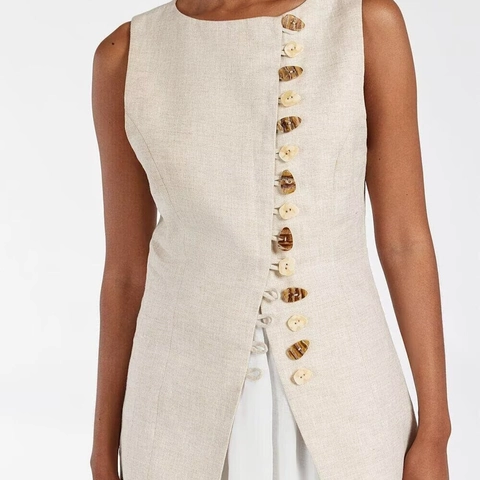 Dames Mouwloze Top Met Ronde Hals En A-Lijn Minirok Elegante Zomeroutfits Asymmetrische Knoppen Getextureerd Polyester