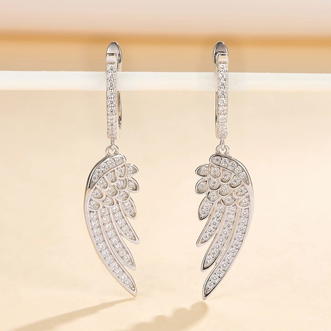 925 Sterling Silber Engel Flügel Feder Tropfen Ohrringe Mit Weißem Zirkonia Elegant Pendler Stil Für Damen