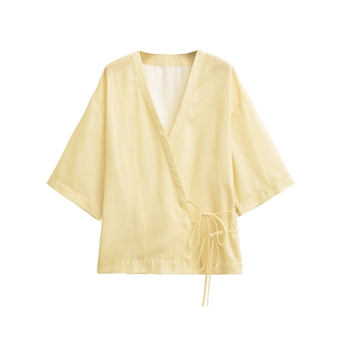 Damen Gestreifte Kimono Bluse V-Ausschnitt Seitliche Bindung Wickeloberteil Halbe Ärmel Lässiges Sommershirt