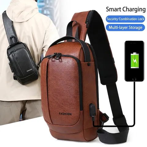 Men PU Leather Chest Sling Bag Anti-theft Combination Lock USB Charging Port Waterproof Casual Crossbody Shoulder Bag