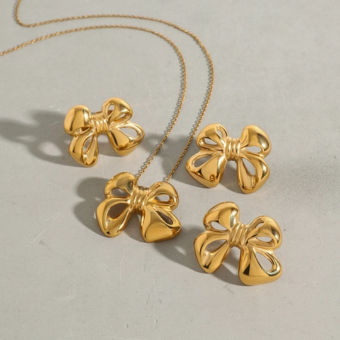 Edelstahl Schleife Schmuckset Gold Silber Beschichtet Halskette Ohrringe Verstellbarer Ring Für Damen Mode Schmuck