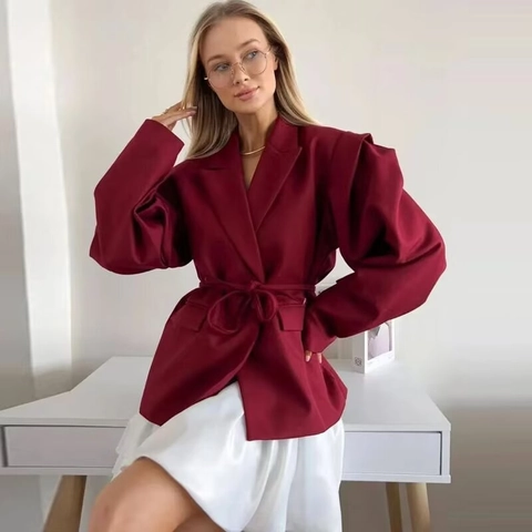 Giacca Blazer Donna Poliestere Vestibilità Ampia Cintura In Vita Revers Chic Maniche Lunghe Capispalla