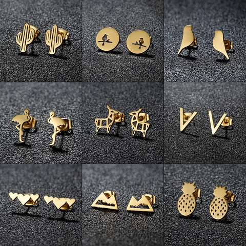 Stainless Steel Stud Earrings Minimalist Cactus Pineapple Bird Heart Mountain V Shape Geometry Jewelry For Women