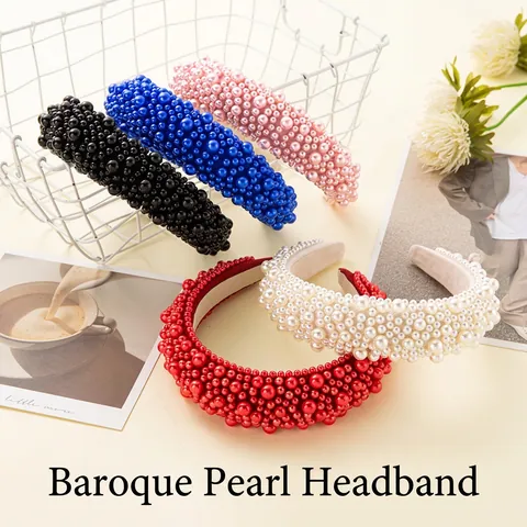 Baroque Full Artificial Pearl Padded Headband Retro Wide Hair Hoop Elegant Fabric Headpiece For Women