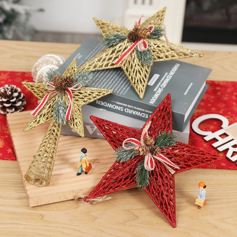 Puntale Per Albero Di Natale Stella Scintillante Pentagramma Cavo Con Fiocco Bacche Aghi Di Pino Decorazione Festiva