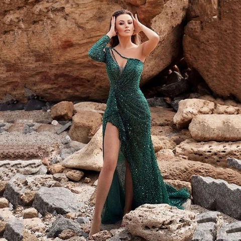 Damen Elegant Pailletten Ein Schulter Abendkleid Sexy Hoher Schlitz Tiefer V Ausschnitt Slim Fit Maxi Party Kleid Für Hochzeit Bankett