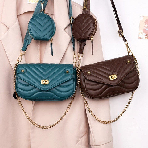 Women Quilted Shoulder Bag V Chevron PU Leather Crossbody With Round Coin Purse Metal Chain Wide Strap Trendy Square Handbag