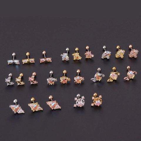 Edelstahl Knorpel Helix Piercing Stecker Kupfer Eingelegter Zirkonia Opal Geometrische Stern Mond Schraubkugel Rückseite