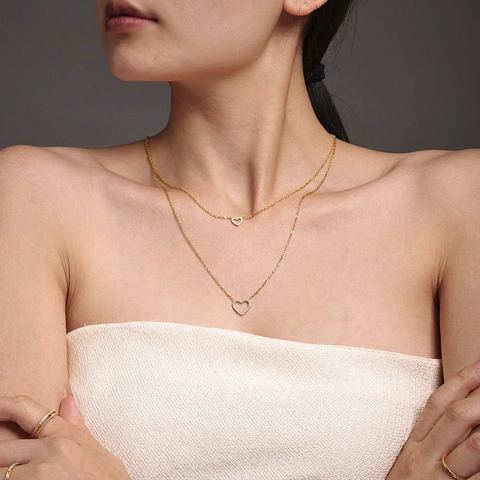 Collar De Doble Capa Con Corazón De Acero Inoxidable E Incrustaciones De Circón CNC Joyería Para Mujer