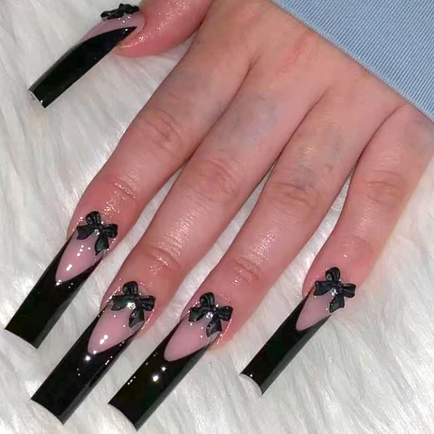 Uñas Postizas Largas Coffin Francesas Lazo Negro Diamantes De Imitación Estilo Sweet Cool Manicura Profesional Decorativa