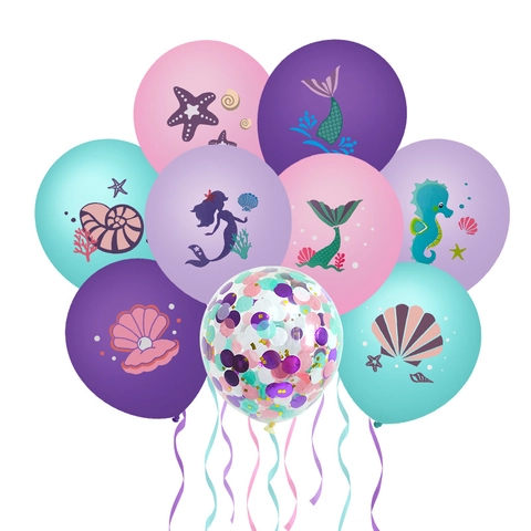 Mermaid Theme Latex Printed Balloon Set With Confetti Ribbon For Birthday Party Ocean Animal Tail Shell Decorative Balloons