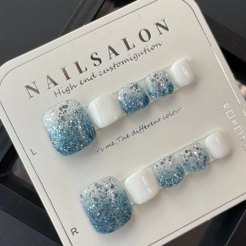 Zehennägel Zum Aufkleben Meeresblau Glitzer Farbverlauf Weiß Einfach Schick Sommer Strand Fußpediküre Für Frauen