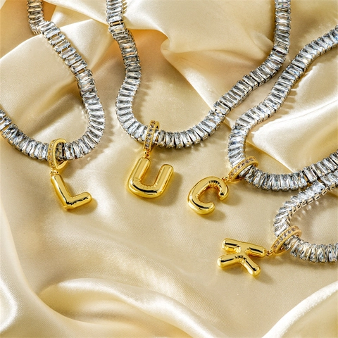 Baguette Zirconia Tennis Chain Balloon Letter Pendant Necklace Gold Plated Copper Alphabet Initial Jewelry For Women Gift