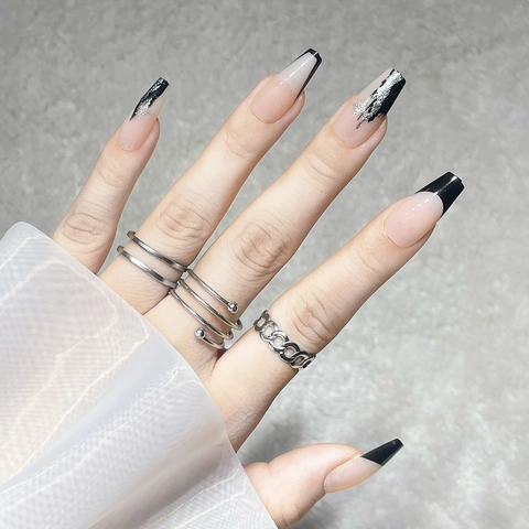 Unghie Finte Francesi Nere Forma Bara Lunga Glitter Argento Rosa Nude Manicure Fai Da Te Minimalista Unghie Artificiali