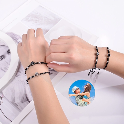 Bracciale Di Proiezione Forma Cuore Rotondo Corda Intrecciata Regolabile Con Perline In Lega Multi Lingua Romantico Per Coppie