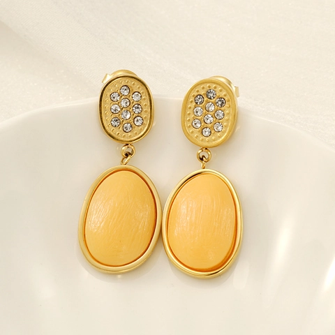 Orecchini Pendenti Ovali Vintage Per Donna Acciaio Inossidabile Placcato Oro 18K Con Resina E Strass Accessorio Elegante Geometrico