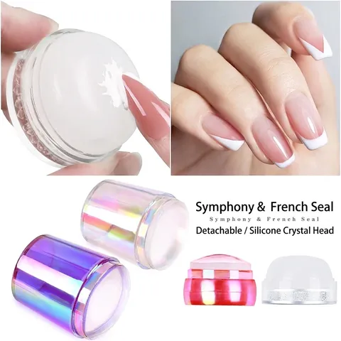 French Tip Nail Art Stamper Iridescent Silicone Head Manicure Printing Tool With Rhinestone Clear Design
