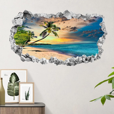 3D Broken Wall Sticker PVC Self Adhesive Beach Sunset Landscape Window View Decor For Bedroom Living Room