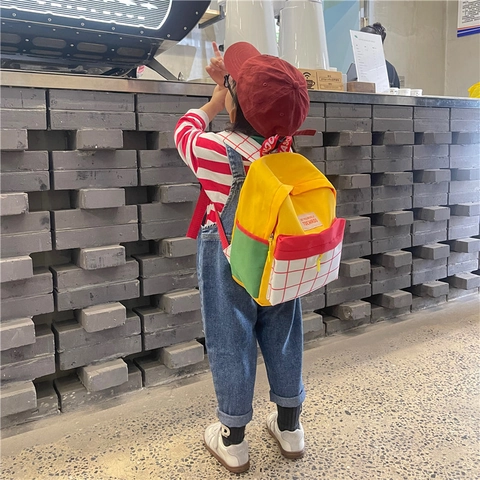 Kids Backpack Color Block Contrast School Bag Canvas Lightweight Toddler Kindergarten For Boys Girls Grid Pattern