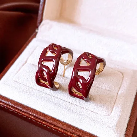 Orecchini A Cerchio Geometrici Cavi Smalto Rosso Vino Rame Placcato Oro Con Perno In Argento Sterling 925 Per Donna