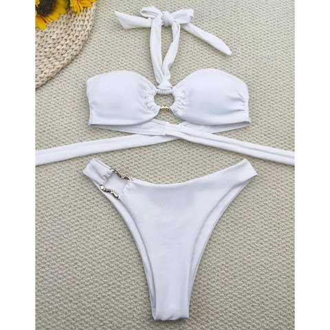 Halter Bikini Top And Triangle Bottom With Gold Metal Ring Decor Solid Color Sexy Nylon Beachwear Swimwear Women