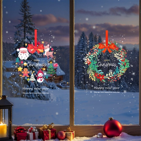 Christmas Window Clings Static PVC Stickers Reindeer Snowman Wreath Double Sided Holiday Glass Decals Home Shop Decor