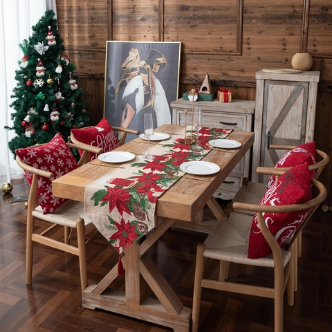 Chemin De Table De Noël Polyester Coton Jacquard Motif Poinsettia Pomme De Pin Avec Glands Décoration De Fête