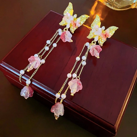 Pendientes Colgantes Borla Mariposa Flor Con Poste De Plata Esterlina 925 Aleación Cristal Perla Artificial Elegante Dulce